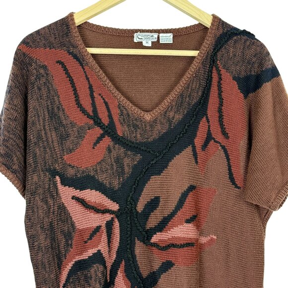 Vtg Campus Casuals Women's V-neck Knit Sweater Sz Medium Leaf Pattern Textured - Picture 2 of 8